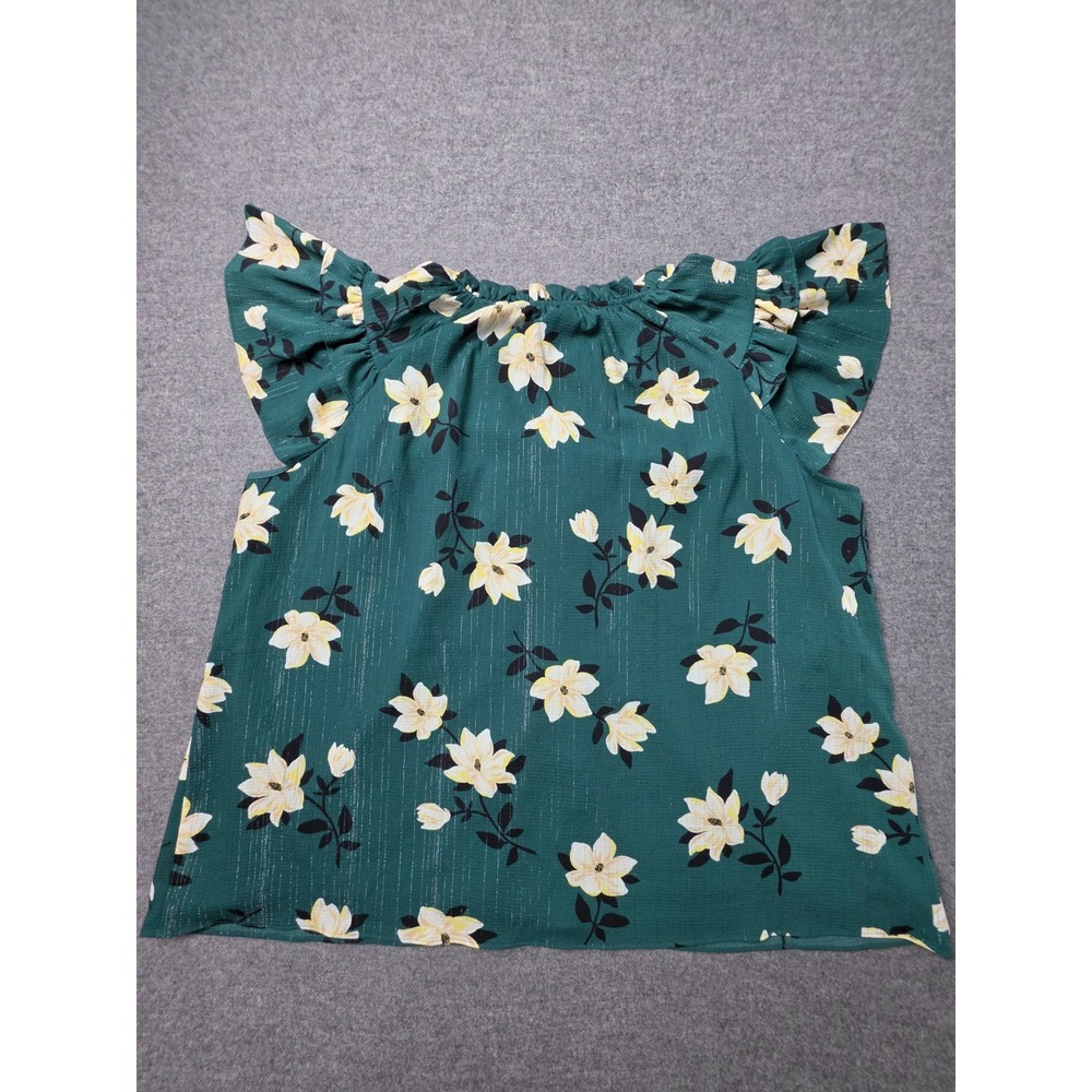 Draper James Floral Ruffle Blouse Women XL Green Short Sleeve Tie Neck Flutter - Picture 2 of 7
